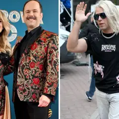 Popularni piosenkarze: para w strojach z błyszczącymi elementami i mężczyzna z blond włosami w czarnej koszulce.