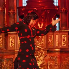 Tancerka flamenco w czarnej sukience w czerwone grochy, pełna **allegria**, porusza się na tle bogato zdobionej, złotej sceny.