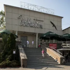 Budynek z napisem "Albatros" i sylwetką ptaka. Na schodach widać siedem dziewcząt z albatrosa, bawiących się w upalny dzień.