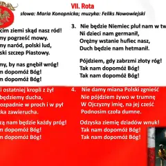 Tekst pieśni patriotycznej "Rota" Marii Konopnickiej. Utwory te niosą ducha walki o wolność.