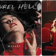 Okładka albumu "Laurel Hell" Mitski i artystka w kinie z popcornem.