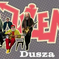 Zespół Dżem, grający piosenki alfabetycznie, pozuje z gitarami. W tle duży napis "Dżem".