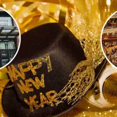 Złota czapka z napisem "Happy New Year", butelka szampana i widok na kino oraz salę koncertową.