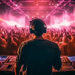 DJ w słuchawkach miksuje muzykę dla roztańczonego tłumu. Energetyczne światła i basy tworzą atmosferę klubową, idealną do zapomnienia o codzienności i zanurzenia się w rytmie. To miejsce, gdzie rodzą się niezapomniane izoteki.