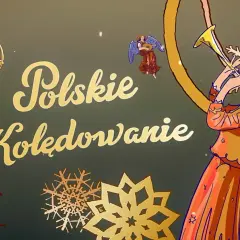 Aniołowie grający na trąbach i lutni, otoczeni płatkami śniegu i gwiazdami. Złoty napis "Polskie Kolędowanie" zapowiada listę tradycyjnych pieśni.