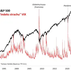 Wykres S&P 500 i indeksu VIX. Wzrosty VIX, gdy samotność to taka straszna trwoga, oznaczają panikę na rynkach.