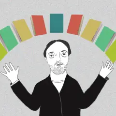 Mężczyzna z brodą i rozłożonymi rękami, otoczony łukiem kolorowych książek. Dwie pary rąk wyciągają się ku niemu. Ciężko jest lekko żyć, gdy wiedza przytłacza.