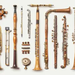 Różnorodne instrumenty dęte drewniane i blaszane, w tym klarnety, flety i saksofon, ułożone na białym tle.