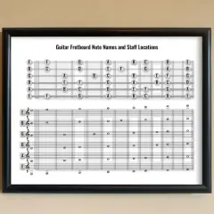Diagram z gry na gitarze nuty. Pokazuje rozmieszczenie dźwięków na gryfie i ich zapis na pięciolinii.