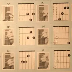 Diagramy akordów gitarowych, w tym chwyt gitarowy a7, B7, D, D7, F, G, Bb, E, G7.