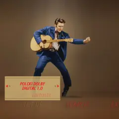 Elvis Presley w niebieskim garniturze gra na gitarze. Menu DVD z opcją "Polski Dolby Digital 1.0" i "Love Me Tender po polsku".