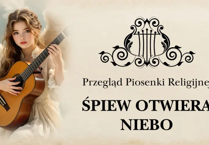 Anioł z gitarą gra piosenki religijne młodzieżowe. "Śpiew otwiera niebo".