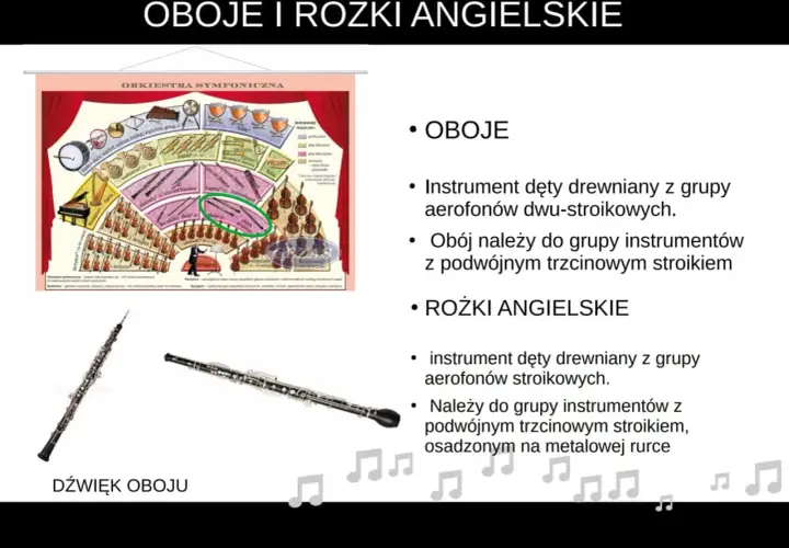 Oboje i rożki angielskie – instrumenty dęte drewniane dwu-stroikowe. Schemat orkiestry symfonicznej.
