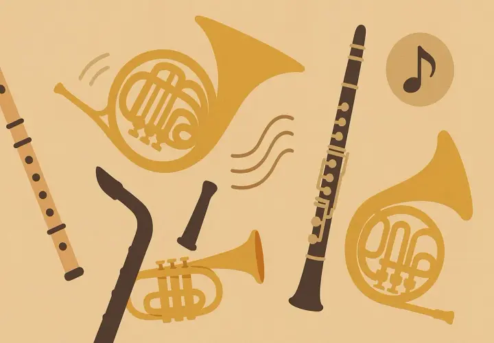 Instrumenty dęte miechowe: flet, klarnet, saksofon i dwa rogi.