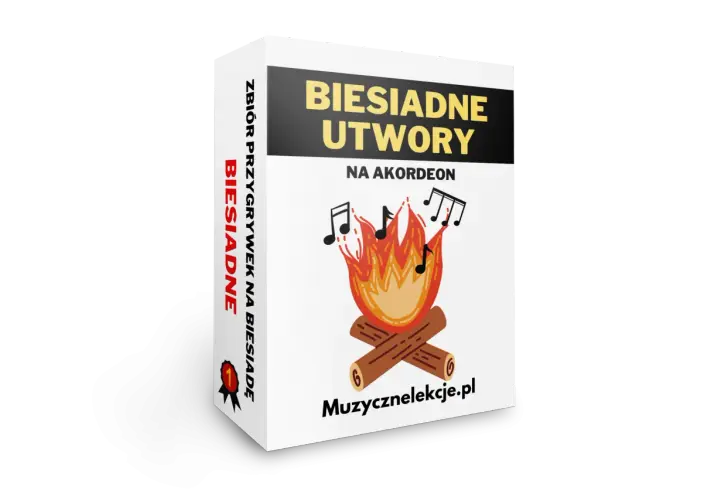 Śpiewnik z piosenkami biesiadnymi na akordeon. Ognisko i nuty symbolizują radosne, wspólne śpiewanie.