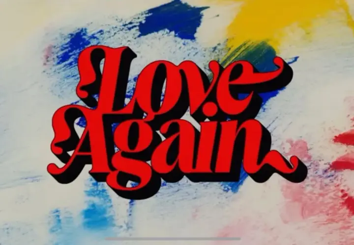 Napis "Love Again" w czerwonych, stylizowanych literach na tle abstrakcyjnych pociągnięć pędzla w kolorach niebieskim, żółtym i czerwonym.