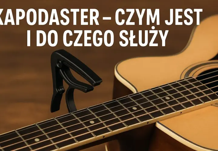 Czarny kapodaster na gryfie gitary akustycznej. Dowiedz się, kapodaster co to jest i do czego służy.