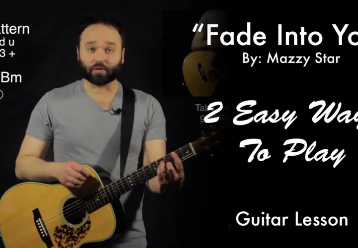 Lekcja gry na gitarze: "Fade Into You" Mazzy Star. Pokazane są akordy i schemat palcowania.