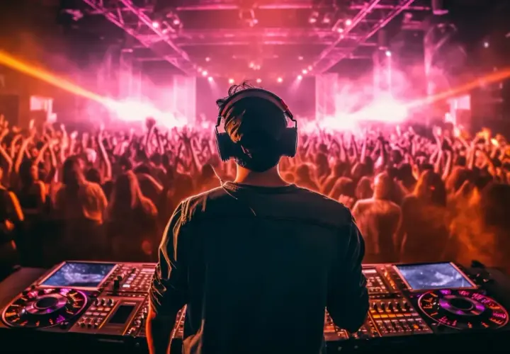 DJ w słuchawkach miksuje muzykę dla roztańczonego tłumu. Energetyczne światła i basy tworzą atmosferę klubową, idealną do zapomnienia o codzienności i zanurzenia się w rytmie. To miejsce, gdzie rodzą się niezapomniane izoteki.
