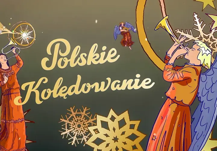 Aniołowie grający na trąbach i lutni, otoczeni płatkami śniegu i gwiazdami. Złoty napis "Polskie Kolędowanie" zapowiada listę tradycyjnych pieśni.