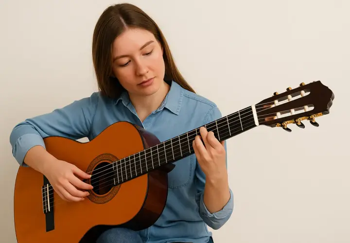 Dziewczyna gra na gitarze klasycznej, idealnej, by zacząć naukę.