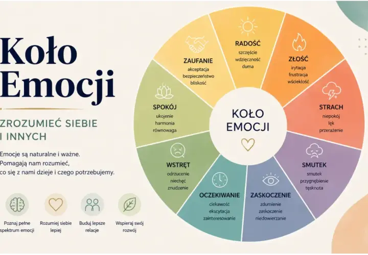 Koło Emocji: szczegółowa interpretacja uczuć od radości po smutek, pomagająca zrozumieć siebie i innych.
