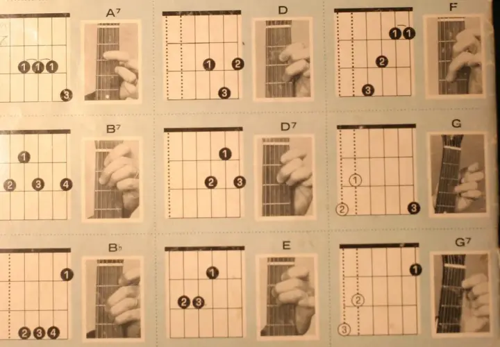 Diagramy akordów gitarowych z palcami pokazującymi chwyty A7, B7, D, D7, F, G, Bb, E, G7.