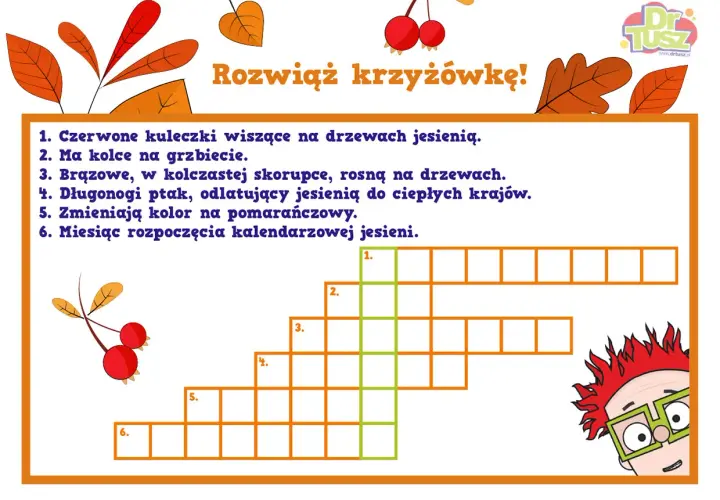 Jesienna krzyżówka z zagadkami o tematyce jesiennej. Rozwiąż ją w stylu jazzowym!