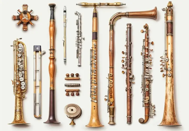Różnorodne instrumenty dęte drewniane i blaszane, w tym klarnety, flety i saksofon, ułożone na białym tle.