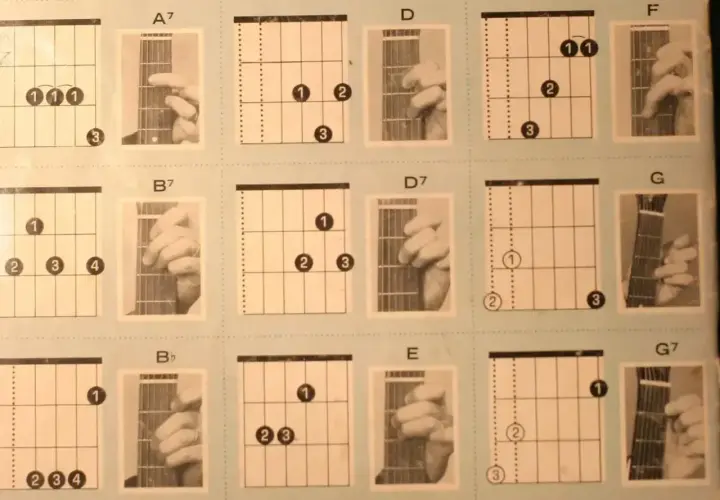 Diagramy akordów gitarowych, w tym chwyt gitarowy a7, B7, D, D7, F, G, Bb, E, G7.