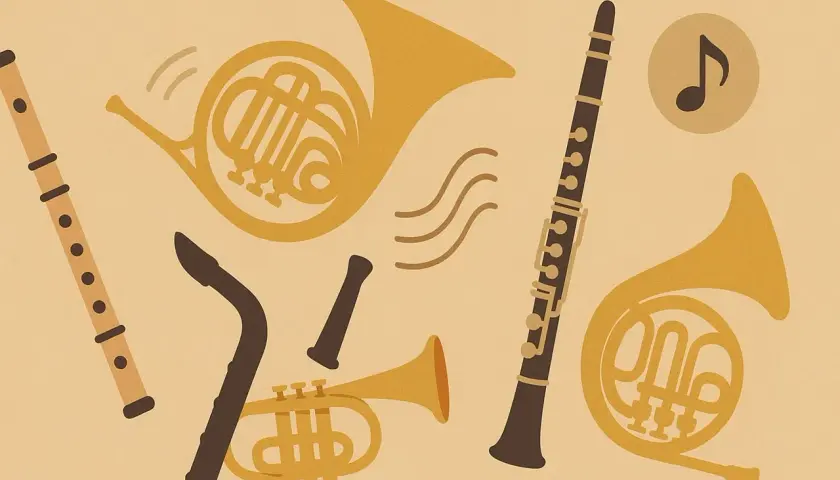 Instrumenty dęte miechowe: flet, klarnet, saksofon i dwa rogi.