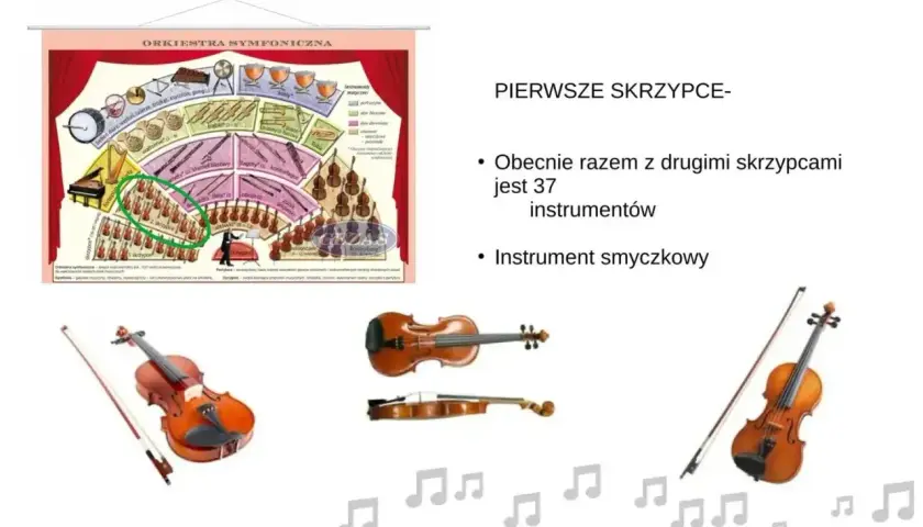 Diagram orkiestry symfonicznej pokazuje, jakie instrumenty grają w orkiestrze, ze szczególnym uwzględnieniem skrzypiec.