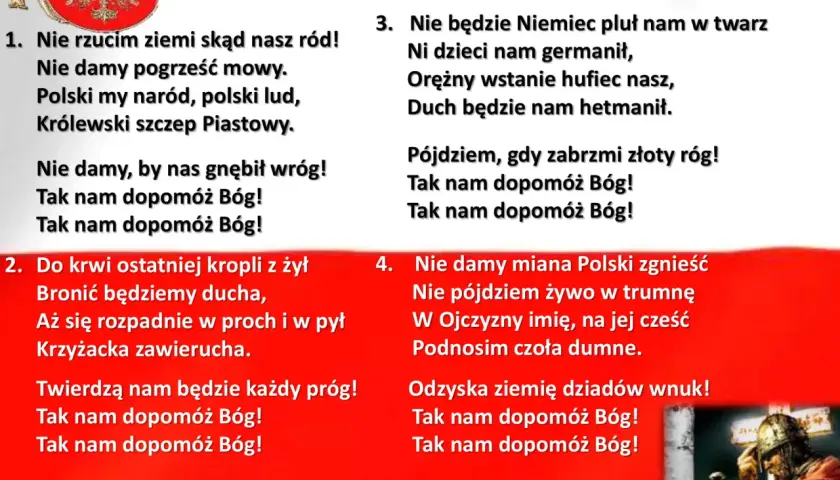 Tekst pieśni patriotycznej "Rota" Marii Konopnickiej. Utwory te niosą ducha walki o wolność.