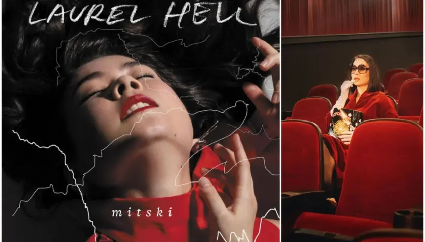 Okładka albumu "Laurel Hell" Mitski i artystka w kinie z popcornem.