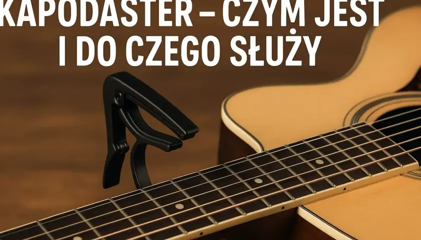 Czarny kapodaster na gryfie gitary akustycznej. Dowiedz się, kapodaster co to jest i do czego służy.