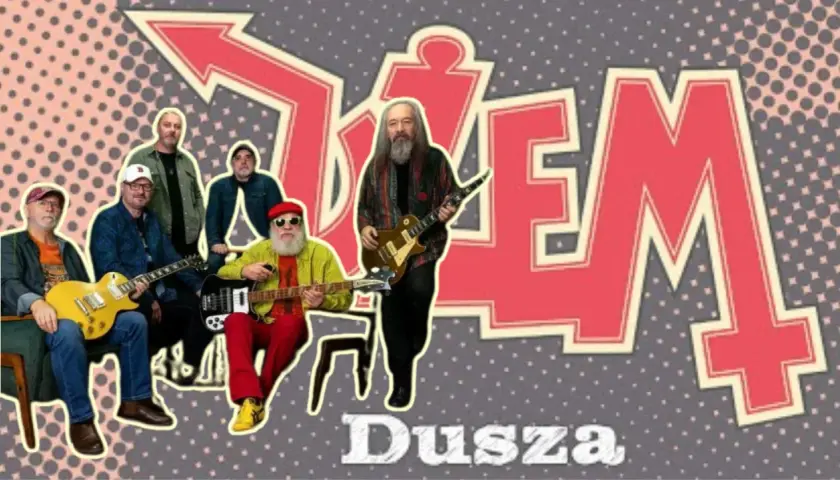 Zespół Dżem, grający piosenki alfabetycznie, pozuje z gitarami. W tle duży napis "Dżem".