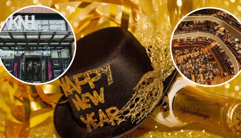 Złota czapka z napisem "Happy New Year", butelka szampana i widok na kino oraz salę koncertową.