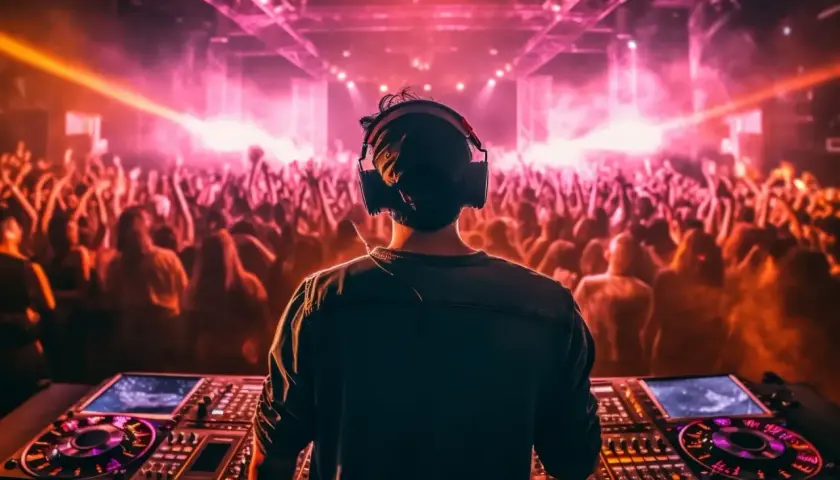 DJ w słuchawkach miksuje muzykę dla roztańczonego tłumu. Energetyczne światła i basy tworzą atmosferę klubową, idealną do zapomnienia o codzienności i zanurzenia się w rytmie. To miejsce, gdzie rodzą się niezapomniane izoteki.
