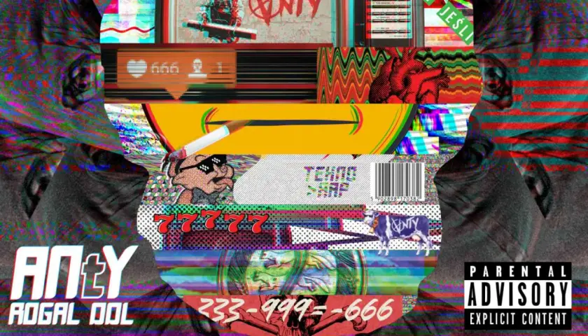 Rogal DDL wiek. Glitch art z twarzami, cyframi 666, symbolem anty, krową i napisem "ANTY".