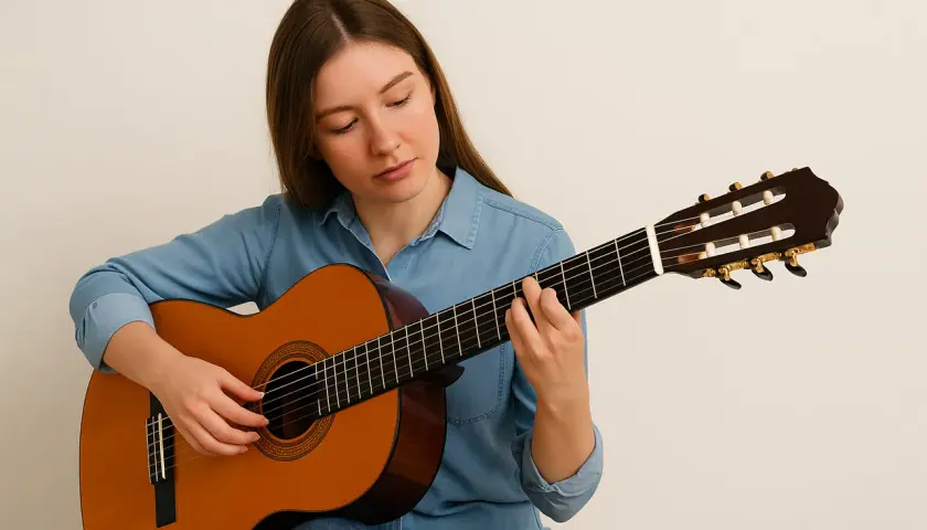 Dziewczyna gra na gitarze klasycznej, idealnej, by zacząć naukę.
