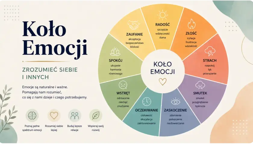 Koło Emocji: szczegółowa interpretacja uczuć od radości po smutek, pomagająca zrozumieć siebie i innych.