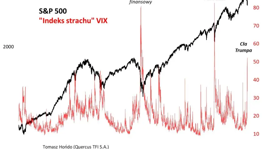 Wykres S&P 500 i indeksu VIX. Wzrosty VIX, gdy samotność to taka straszna trwoga, oznaczają panikę na rynkach.