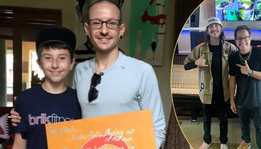 Chester Bennington z synem, trzymający plakat z tekstem piosenki. Obok, dwaj mężczyźni w studiu nagraniowym.