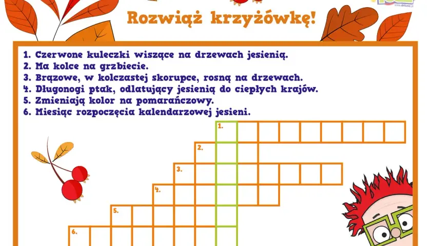Jesienna krzyżówka z zagadkami o tematyce jesiennej. Rozwiąż ją w stylu jazzowym!