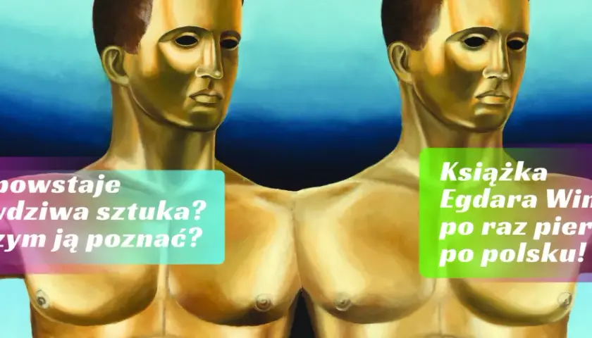 Złote posągi mężczyzn, jeden z nich trzyma książkę "Egdara Winda po raz pierwszy po polsku!".
