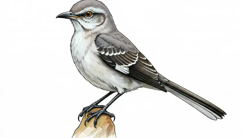 Szary ptak, mockingbird, siedzi na kamieniu. Ma białe paski na skrzydłach i pomarańczowe oczy.