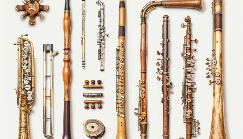 Różnorodne instrumenty dęte drewniane i blaszane, w tym klarnety, flety i saksofon, ułożone na białym tle.
