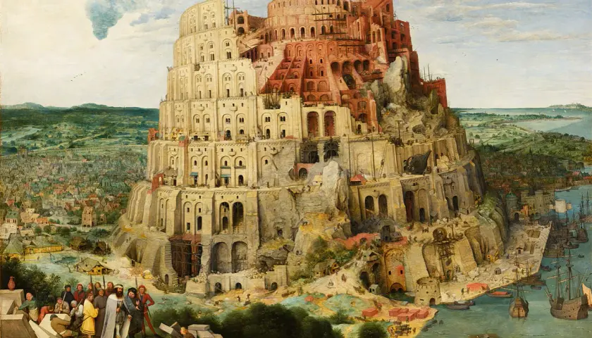 Monumentalna wieża Babel w budowie, z licznymi robotnikami i statkami w tle.