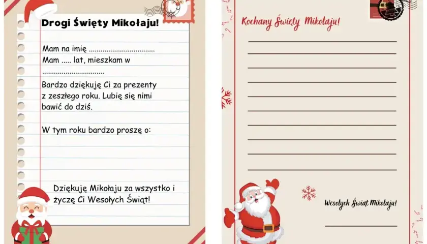 List do Mikołaja z miejscem na wpisanie imienia, wieku i życzeń. Na dole rysunek Mikołaja i życzenia.