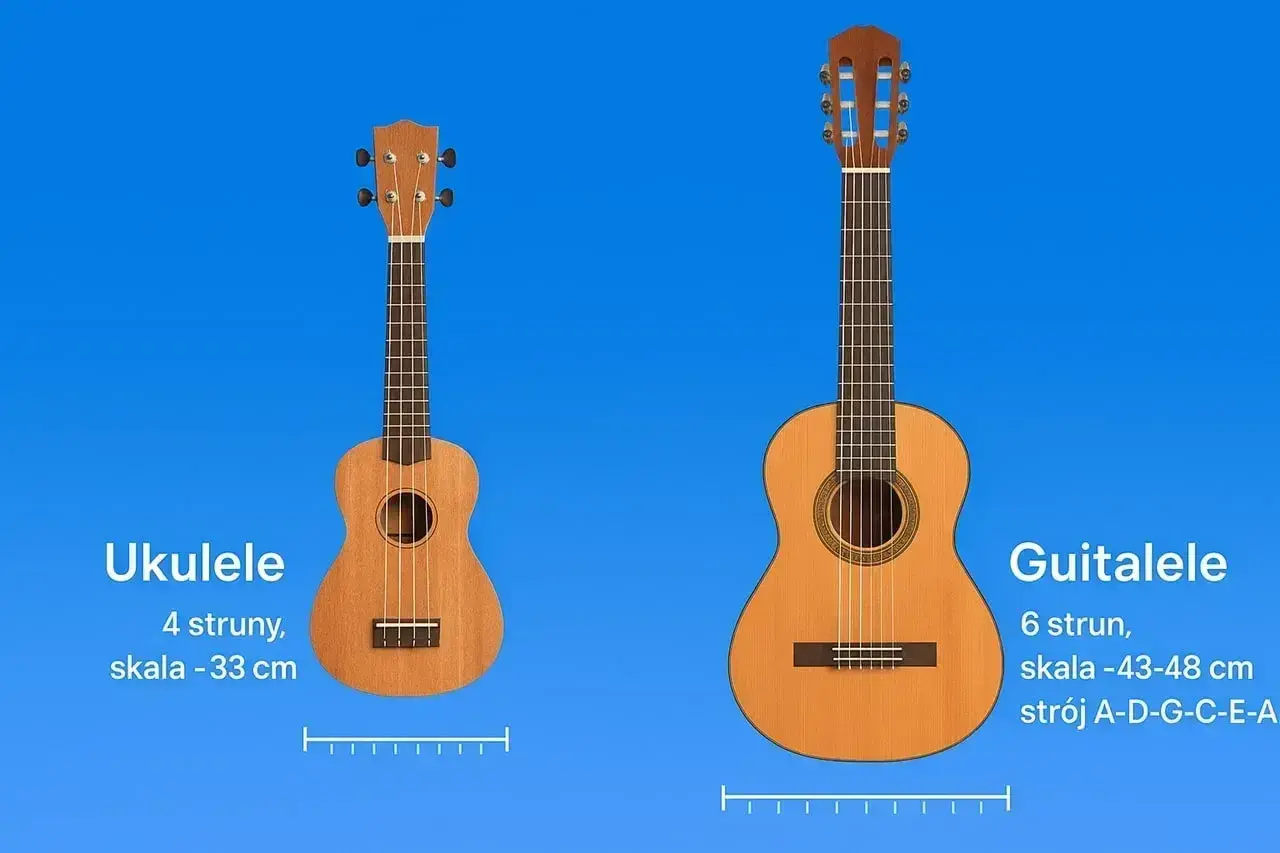 Ukulele ma 4 struny, a gitara 6 strun. Porównanie instrumentów muzycznych.
